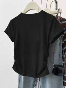 SHEIN Maglietta casual aderente a vita corta da donna con dettagli laterali raccolti