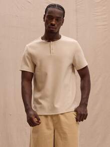 Musero Waffle Short Sleeve Collar Button Detail T-Shirt Spring, Summer, Holiday - Khaki - View 1