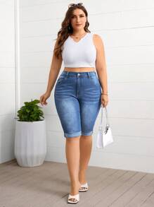 SHEIN Essnce Plus Size Fashionable Side Pocket Washed Rolled Hem Denim Shorts, Summer