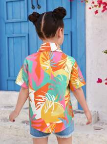Camicia da donna a maniche corte e ampia con stampa di piante tropicali minimalista, cardigan casual per le vacanze