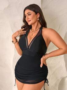 SHEIN Swim Curve Plus Size Women's Sexy Vacation Beach Solid Color Splice Mesh Halterneck With Drawstring One-Piece Swimdress, Summer - Black - View 5