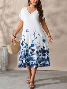 EMERY ROSE Ombre Watercolor Floral Print V-Neck Short Sleeve Plus Size Maxi Dress