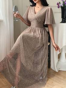DAZY 女士V领亮面收腰中长连衣裙舞会礼服 - 金色 - 查看 1