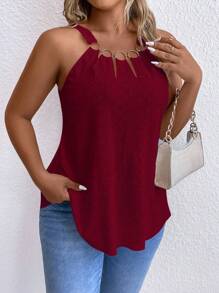 SHEIN LUNE Plus Size Solid Color Eyelet Embroidered Ring Tank Top - Burgundy - View 1