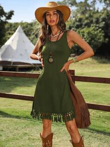 SHEIN LUNE Vestido mini sin mangas con bajo con flecos negro para mujeres, primavera/verano