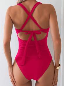 Swim Basics 1pc Women's Summer Beach Vacation Ruched Back Criss-Cross One-Piece Swimsuit