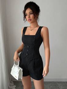 Chiquease 2 件套女士夏季条纹衬衫上衣和短裤套装 - 黑色 - 查看 8