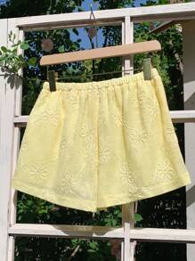 Comfortcana Plus Size Casual Solid Color Romantic Jacquard Drawstring Waist Shorts Yellow Shorts For Women Cute Summer Shorts