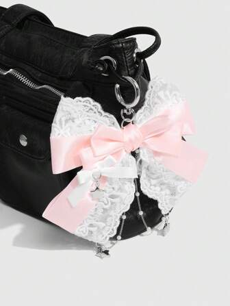 Kawaii 1pc Korean Style Cute & Delicate Young Girl Versatile High-Quality Pink & White Mesh Ribbon Bow Pearl Chain CCB Star Round DIY Keychain & Bag Pendant, Suitable For Women/Girls Daily Wear, Festival Gift