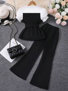 Tween Girl Puff Sleeve Belted Top & Solid Color Flare Nine-Minute Pants Set, 2 Pieces Outfit Summer Holiday