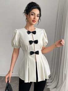 Modelyn Blusa de manga corta con cuello redondo, cintura ajustada con lazo, elegante, grácil y romántica