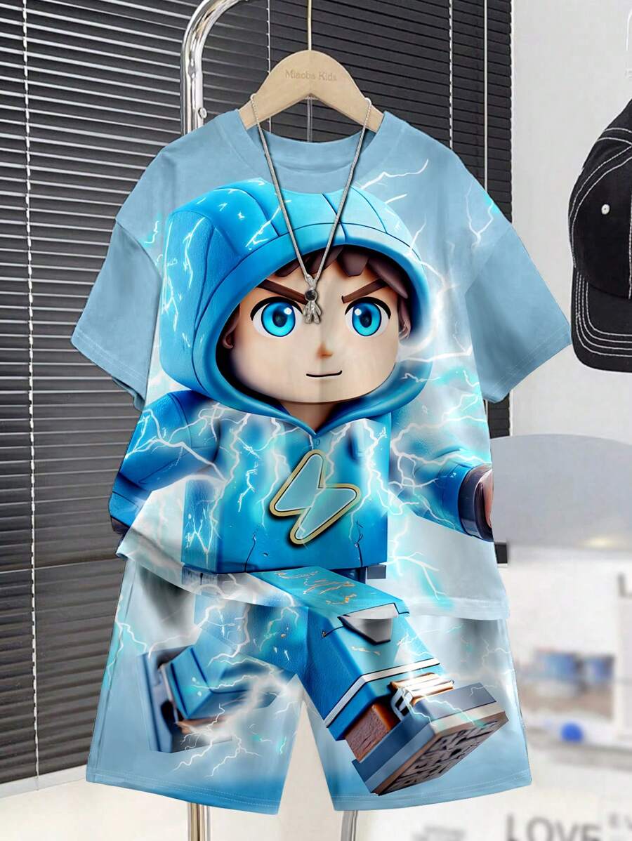 SHEIN Leap Crew 2 件套青少年男孩休闲时尚卡通像素机械人物闪电跑步印花圆领短袖短裤套装，适合夏季