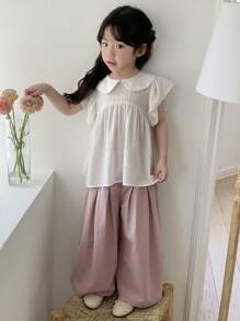 DAZY 2件套少女娃娃脸短袖上衣+阔腿裤套装，夏季 - 白色 - 查看 6