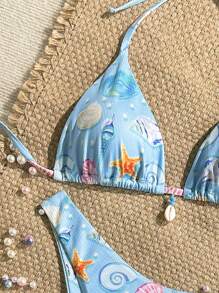 Swim Mod 2pcs/Set Summer Holiday Random Print Ribbed Textured Fabric Shell Accessory Triangle Bikini Top And High-Cut Swim Bottoms Sexy Swimsuit Set - Multicolor - View 6