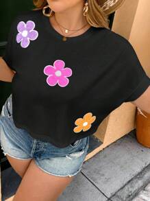 SHEIN VCAY Áo thun cổ tròn tay ngắn thêu hoa cỡ lớn cho nữ - màu đen - Xem 4