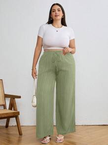 SHEIN Tall CURVE 夏季休闲纹理阔腿七分裤 - 橄欖綠 - 查看 6