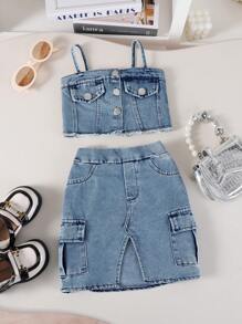 SHEIN Baby Girl(Infant) Fashionable Street Cool Blue Denim Overall Top Paired With Matching Blue Skirt Outfit, Summer - Blue - View 8