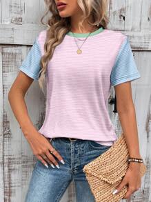 SHEIN LUNE Casual Colorblock Striped Loose Fit Round Neck Short Sleeve Plus Size Women T-Shirt, Summer Woman S Summer Clothes Tee Shirts For Women