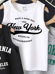 Conjunto de 3 regatas sem mangas com impressão do texto clássico casual de cidade jovem, Nova York, Los Angeles, Brooklyn, adequado para o verão