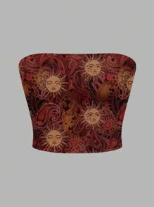 SHEIN EZwear Damski top z nadrukiem boga słońca, odpowiedni na lato i wakacje na plaży - Wielokolorowe - Zobacz 4