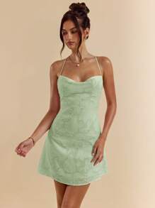 SHEIN BAE Spring And Summer Solid Color Pink Tight-Fitting Swing Collar Open Back Strap Texture Jacquard A-Line Ultra-Short Mini Dress For Women - Mint Green - View 4