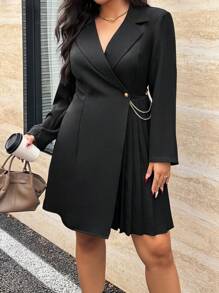 Rometta Plus Size Women's Solid Color Polo Collar Long Sleeve Pleated Hem Elegant Dress, Autumn Fall Cloth For Women