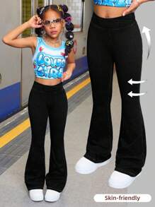 SHEIN 少女时尚休闲黑色牛仔日常运动基础款弹力修身喇叭牛仔裤，柔软舒适，适合日常穿着，四季皆宜。 - 黑色 - 查看 5