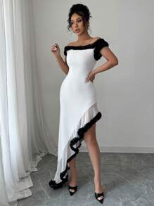 Elenzga Women's Elegant Fitted Off Shoulder Ruffle Hem Asymmetrical High Slit Long Dress, Suitable For Party And Vacation, Summer