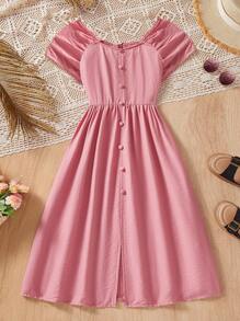 Váy Maxi tay ngắn cài nút dệt phía trước cho bé gái, màu đỏ nhạt, mùa xuân/hè, trang phục gia đình phù hợp - Đỏ - Xem 6