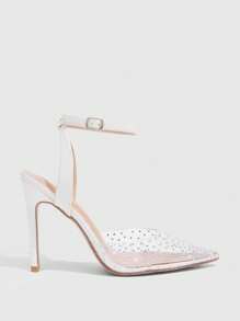 CUCCOO SZL Fashionable Beige Pointed Toe High Heels With Ankle Strap And Rhinestones Decor, PVC Material, Suitable For Dates, Parties, Weddings - Beige - View 4