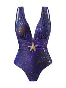 2pcs/Set Women New Style One-Piece Metallic Shiny V-Neck Sleeveless Swimsuit & Printed Mesh Long Skirt Beach Cover Up, Summer Casual Swimwear Set - Multicolor - View 3