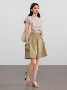 Dazy-Less Women's Loose Casual Summer Designed Large Pocket Decor Wide Leg Bermuda Shorts, Cropped Shorts - Khaki - View 6