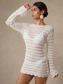 Swim Oasis 女士夏季度假镂空针织喇叭袖罩衫连衣裙 - 白色 - 查看 3