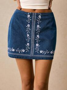 Poéselle 女式蓝色休闲花卉刺绣牛仔迷你裙，波西米亚风夏季 Y2k 乡村音乐会节 - 中等水洗藍 - 查看 4