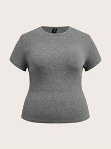 SHEIN BASICS Áo thun cổ tròn tay ngắn màu trơn đơn giản vừa vặn cỡ lớn - Màu Xám nhạt - Xem 1