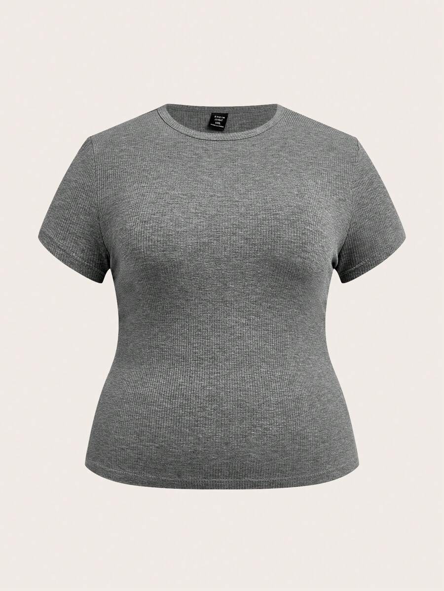 SHEIN BASICS Áo thun cổ tròn tay ngắn màu trơn đơn giản vừa vặn cỡ lớn - Màu Xám nhạt - Xem 1
