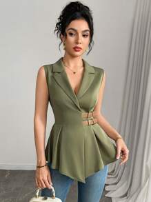 Feyla 女式简约纯色纽扣腰部修身衬衫，夏季通勤 - 綠色 - 查看 4