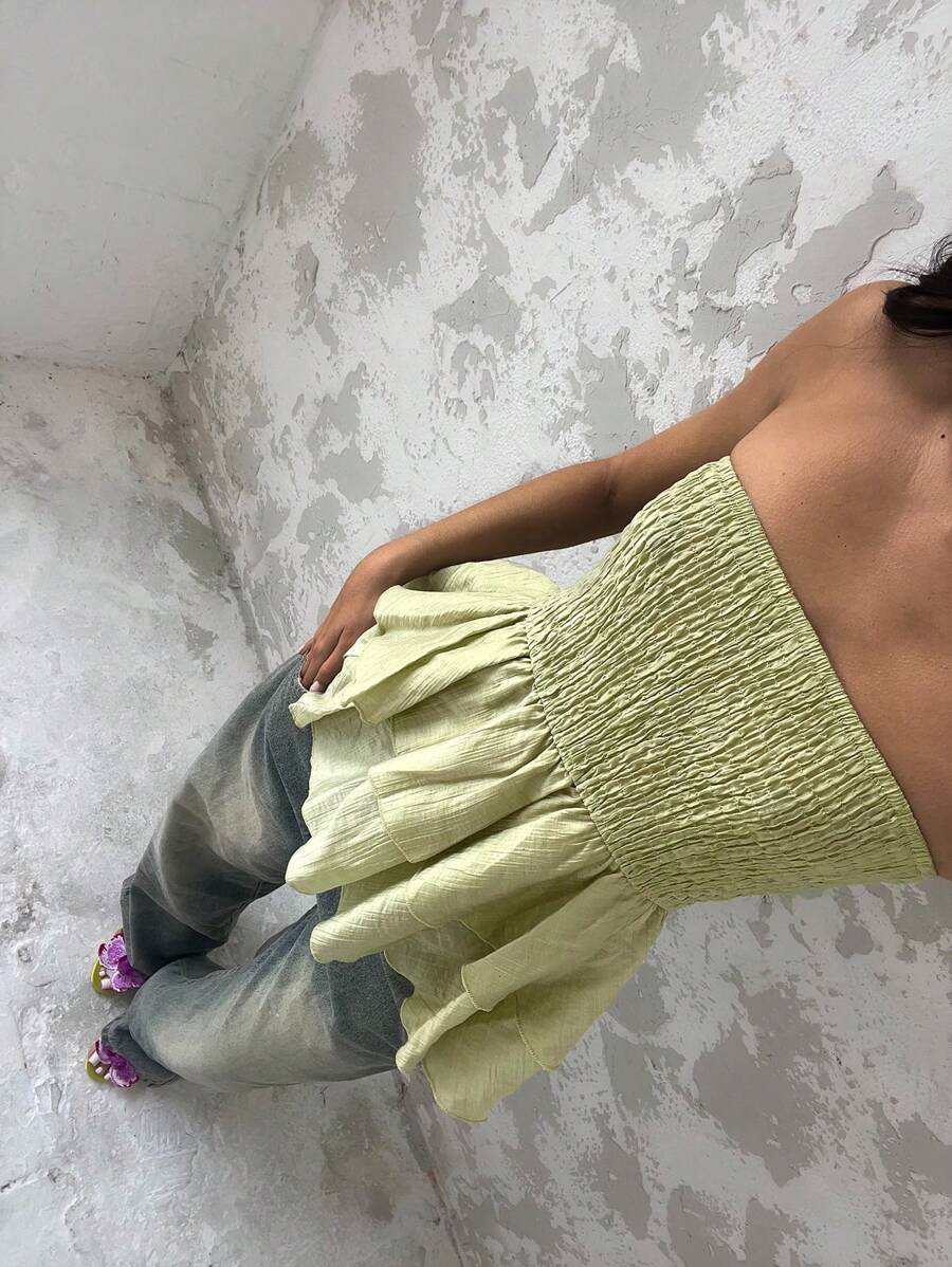 Glamine Áo Bandeau xếp ly co giãn có họa tiết - Màu xanh Ô liu - Xem 1