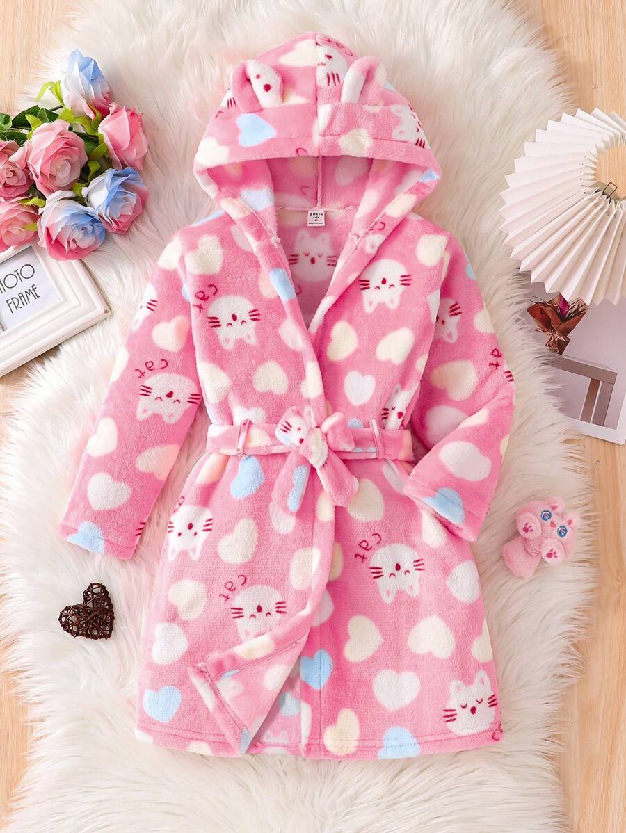 Young Girl Cute Knitted Flannel Multi-Color Heart Cat Ear Hooded Long Sleeve Open Front Belted Robe, Soft & Comfortable For Home Wear - Baby Pink - View 1