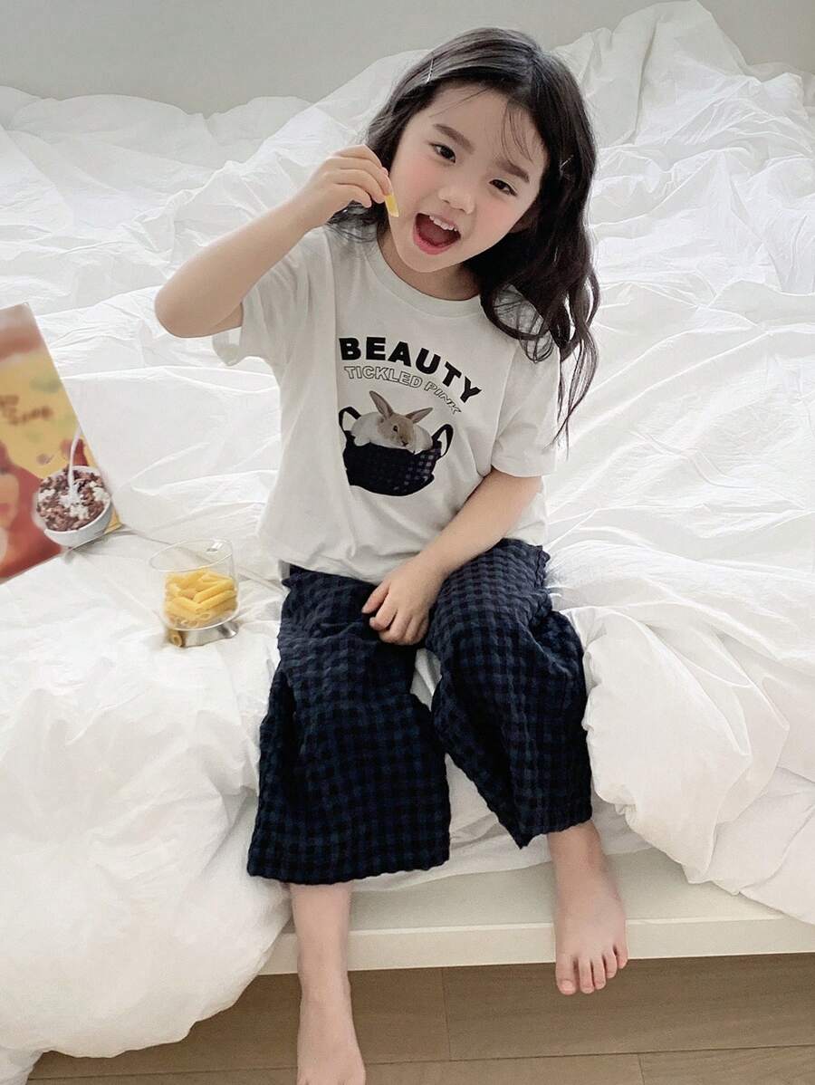 DAZY Young Girl Letter & Rabbit Graphic Short Sleeve T-Shirt And Plaid Pants Pajamas Set,Girls Summer Outfits - Blue - View 1