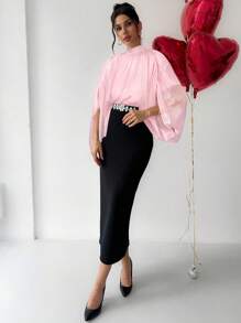 Firerie Elegant Women Ruched Top And Rhinestone Decor Skirt Set - Pink - View 4
