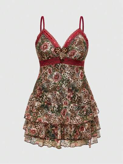 Women's Vintage Hippie Retro Contrast Color Lace Trim Ruffle Decor Plus Size Dress