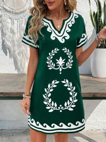 EMERY ROSE Women's Notched Neck All-Over Print Casual Short Sleeve Mini Dress - Green - View 4