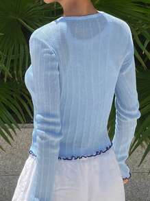 DAZY Contrast Color Lace Trim Fitted Long Sleeve Tie Front Sheer Summer Thin Cardigan For Women - Baby Blue - View 2