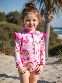 SHEIN Baby Girl Flamingo & Rainbow Print Ruffle Zipper Long Sleeve Swimsuit - Multicolor - View 1
