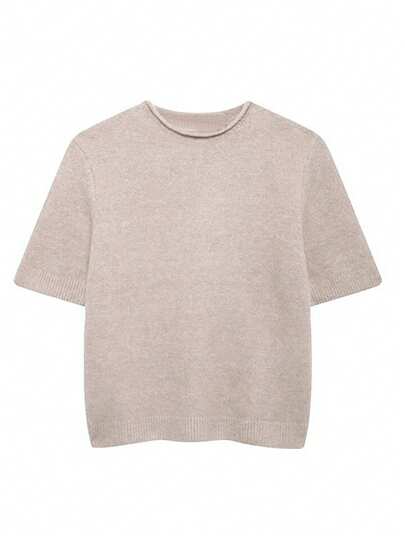 INAWLY Top en tricot à col ras-du-cou et manches courtes, de couleur unie, casual pour femmes