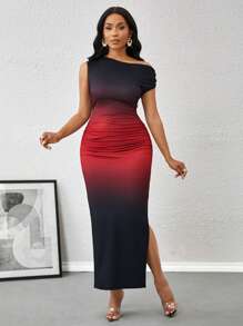 SHEIN Lady Vestido elegante de mujer con cuello asimétrico y abertura lateral en degradado, vestido de verano para cumpleaños y eventos /vestido de oficina /vestido de iglesia /vestido de boda /vestido de vacaciones / vestido informal de mujer para la oficina - Multicolor - Ver 6