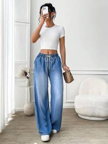 Breezaya 女士抽绳腰口袋直筒宽松休闲百搭牛仔裤 - 藍色 - 查看 7