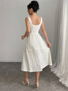 Modelyn Vestido Midi de Linha A com Cintura Franzida em Jacquard Elegante para Mulheres - Bege - Visão 6