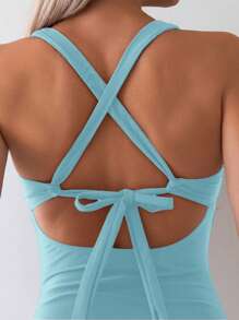 Swim Basics Women's Solid Color Pleated Cross Back One-Piece Swimsuit For Holiday For Summer Beach Vacation